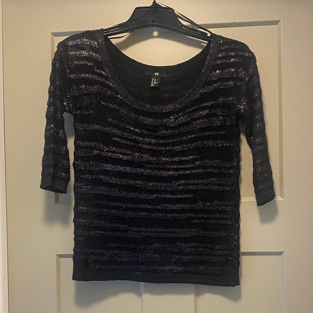 H&M Black Semi Sheer Lightweight Textured Top.